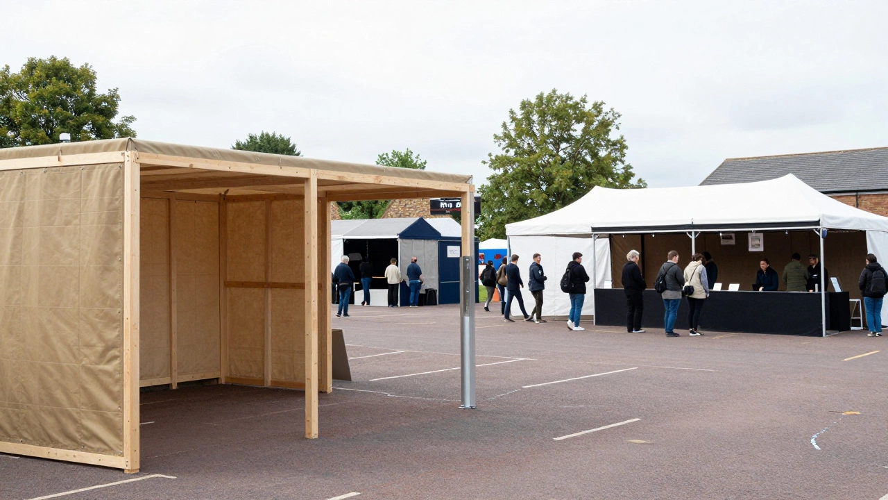 Various fabric and aluminum pop-up booths at a temporary outdoor commercial event.