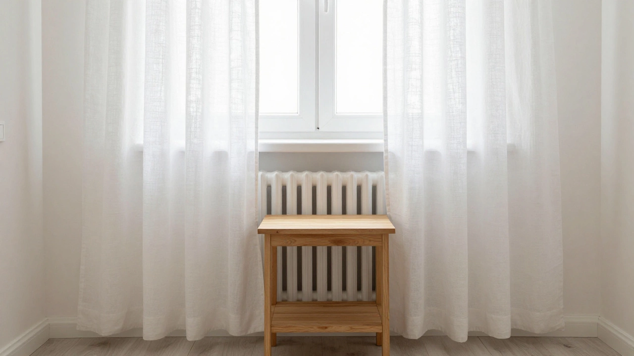 White sill-length curtains in a small bedroom with a radiator underneath the window