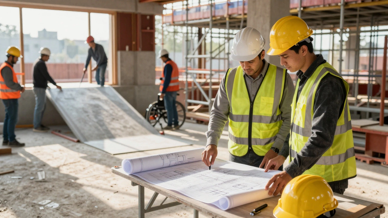 Architects reviewing blueprints at a construction site