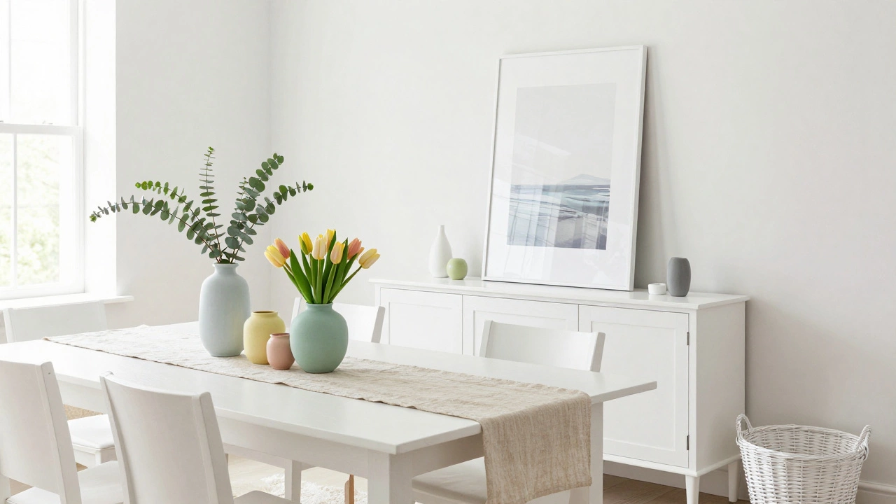 Bright dining room buffet decorated with pastel flowers and spring decor