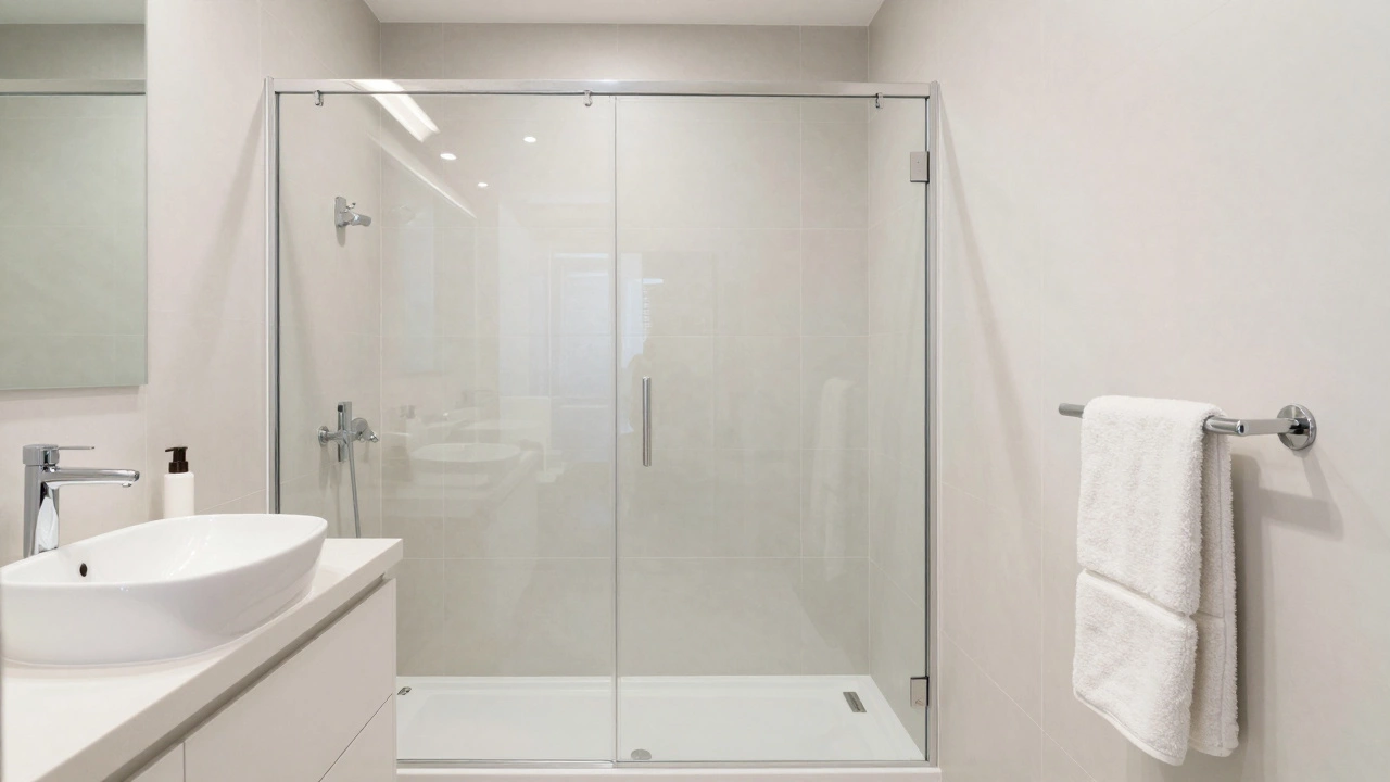 Bright neutral bathroom with walk-in shower and minimalist vanity
