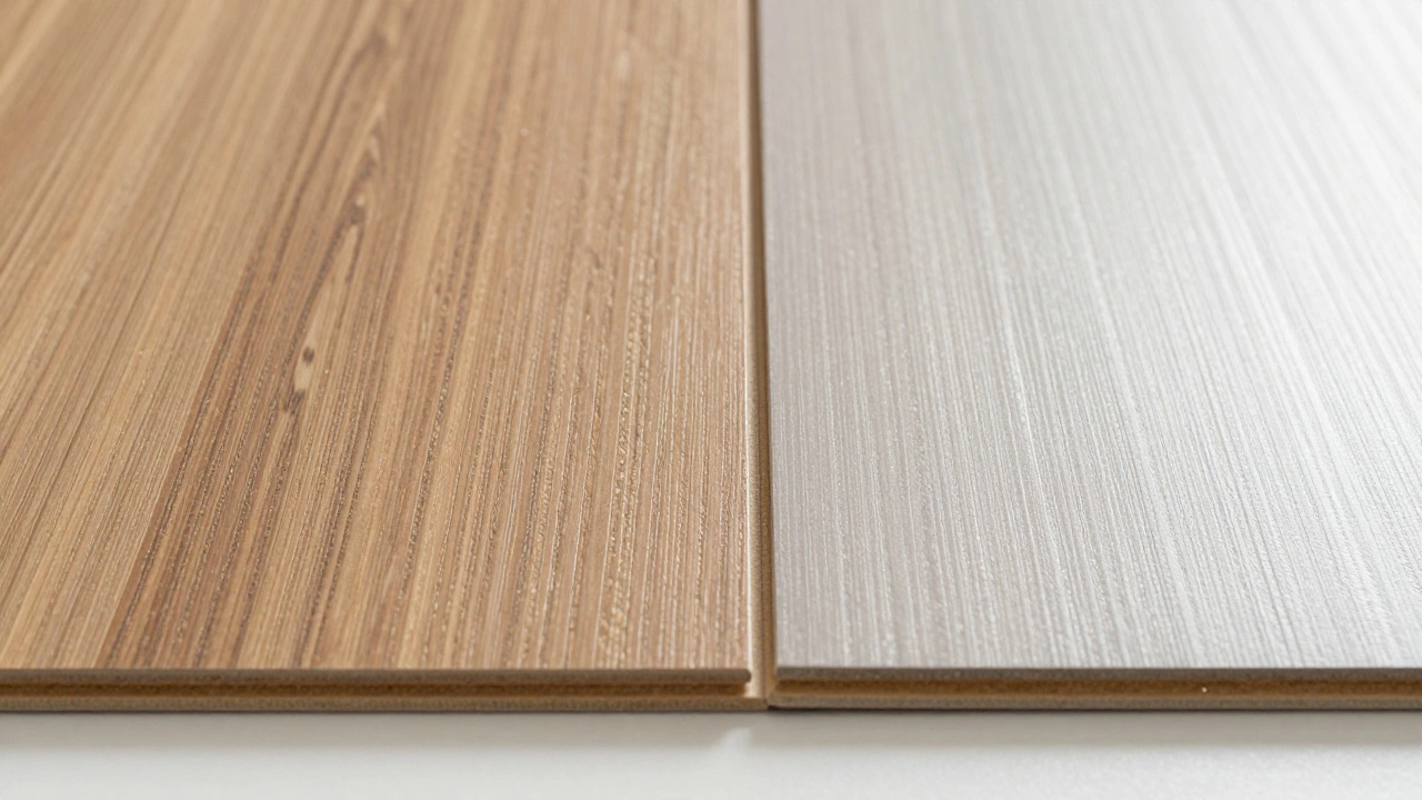 Close-up comparison of textured vinyl and hard laminate flooring samples on a table