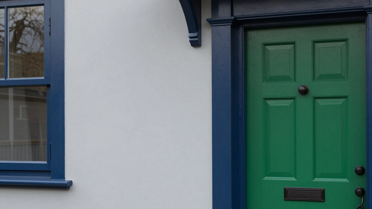 Close-up of a gray home with navy trim and a green door, highlighting accent color details.