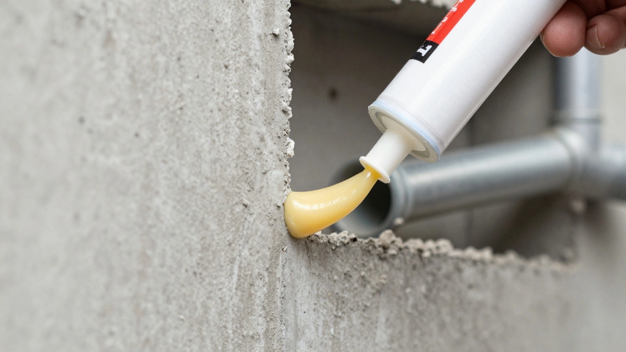 Close-up of firestop sealant applied to conduits in a concrete wall for safety.
