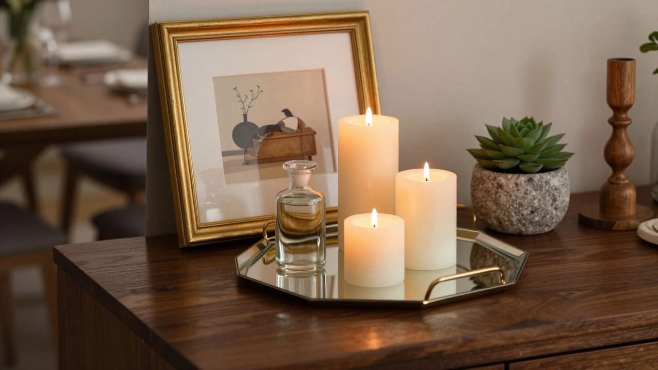Close-up of mirrored tray with candles and leaning framed art on sideboard