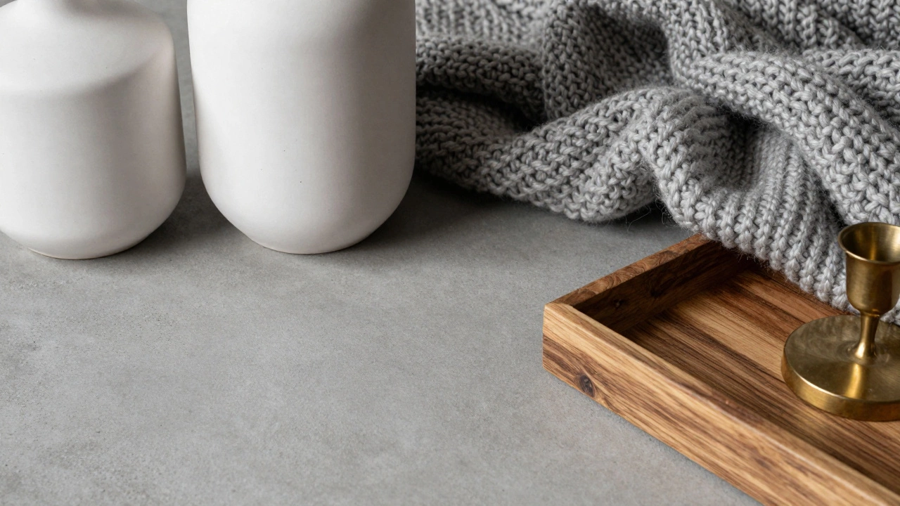 Close-up of smooth concrete and textured wool illustrating material balance in decor.