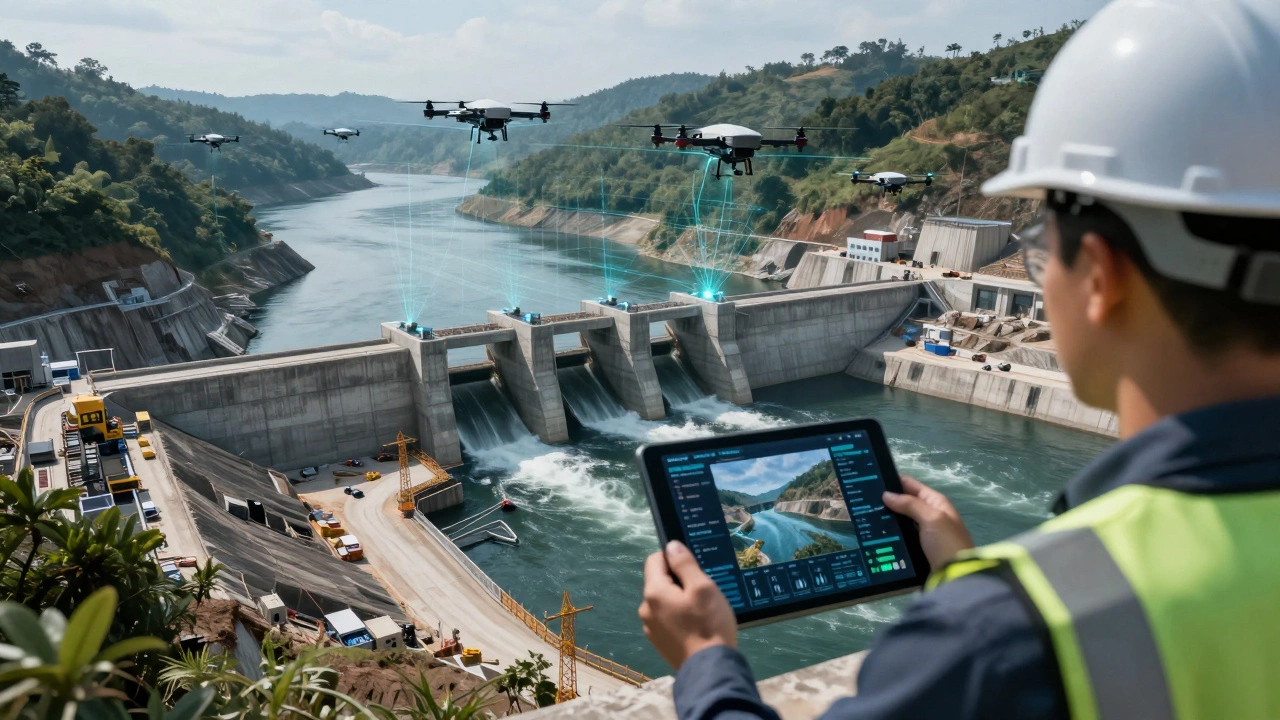 Drones and AI technology monitoring a large concrete dam construction site