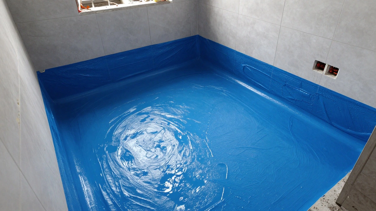 Exposed bathroom walls with blue waterproofing membrane and plumbing pipes