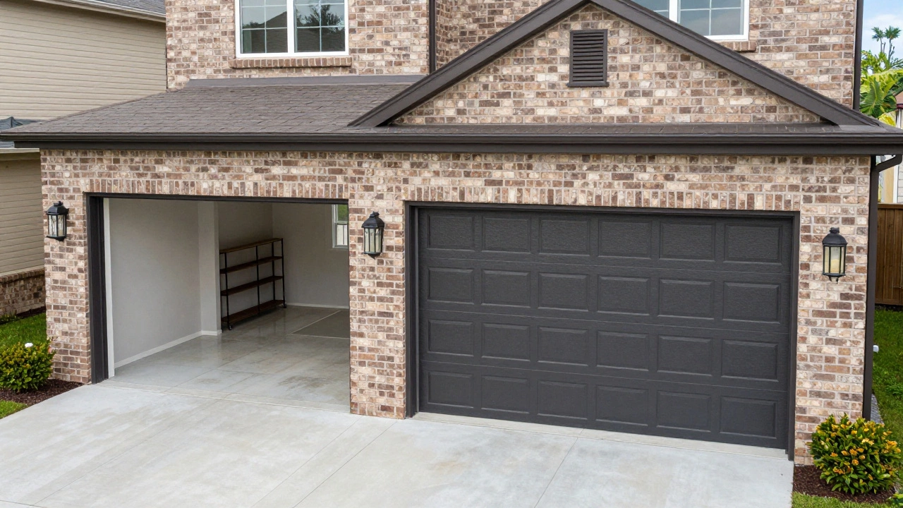 Home exterior with new garage door and organized garage interior