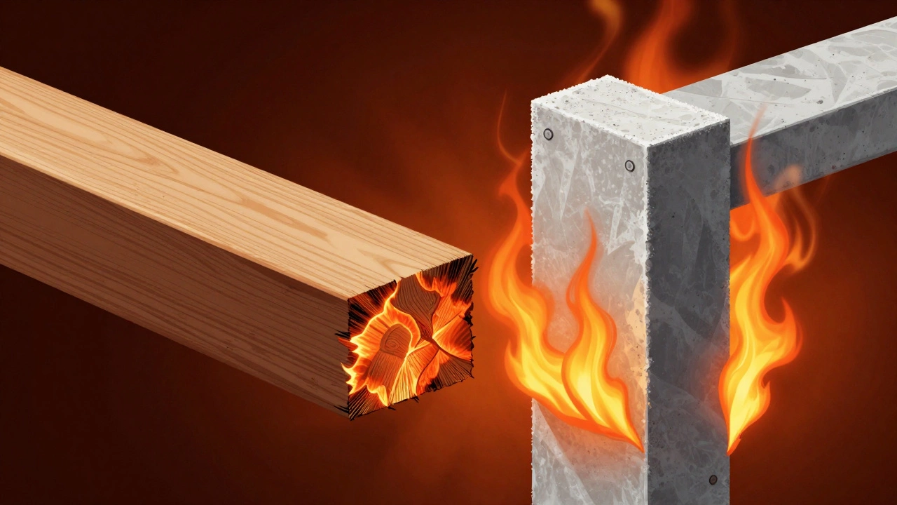 Illustration comparing charred timber vs protected steel in fire-resistant construction.