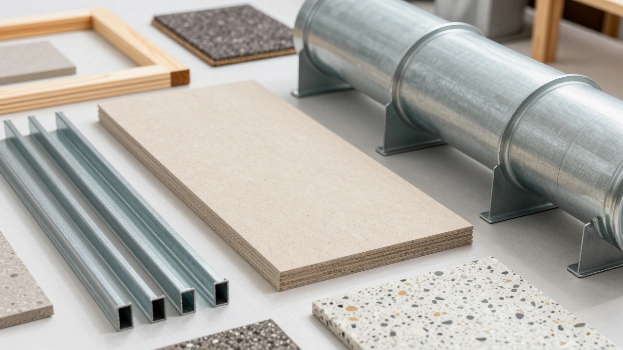 Industrial steel and concrete materials next to wood studs