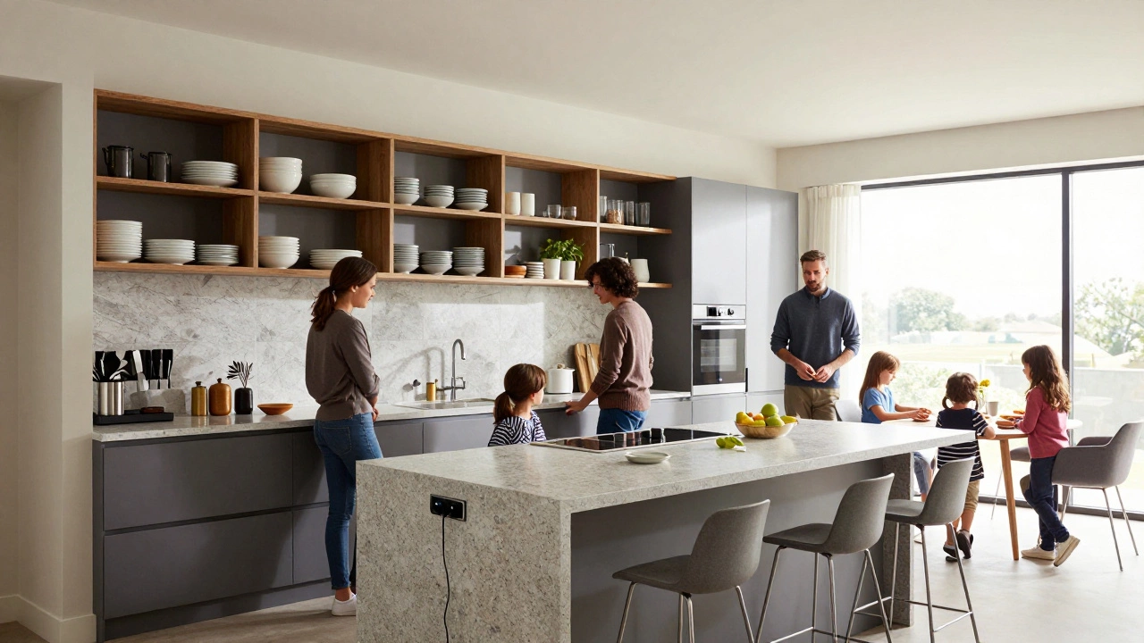 Open-plan kitchen with hybrid shelving and family gathering at island