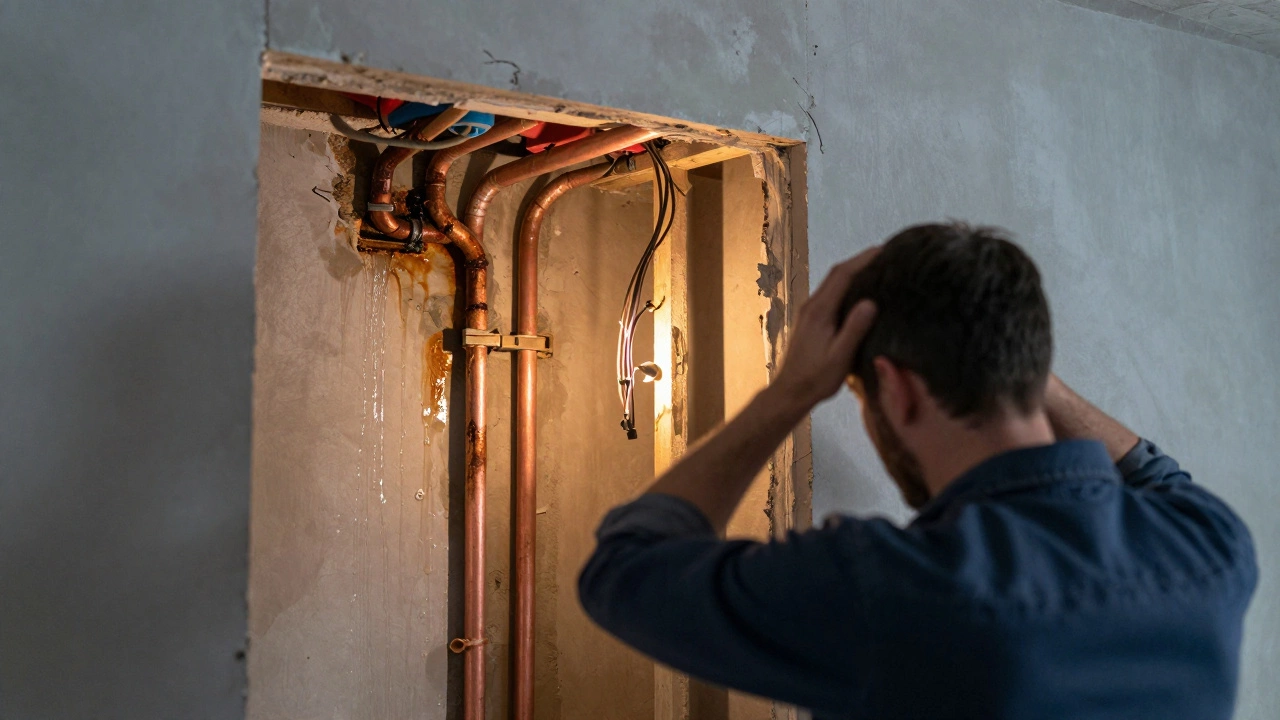 Opened wall revealing burst pipes and dangerous outdated electrical wiring