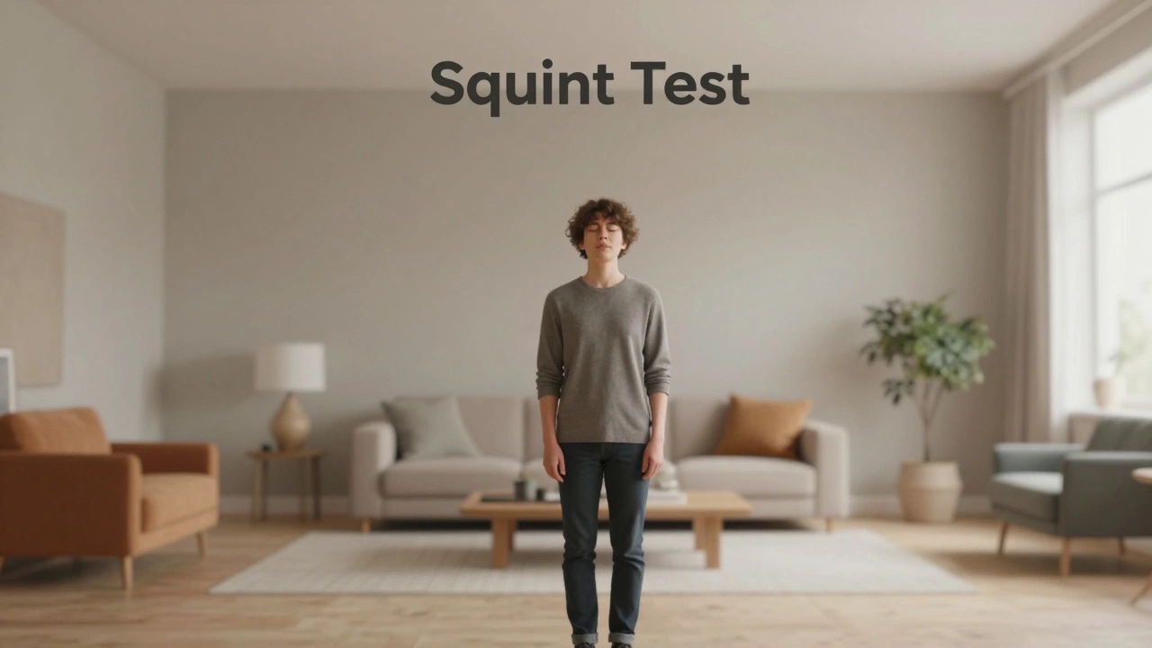 Person using the squint test to evaluate visual hierarchy in a balanced room.