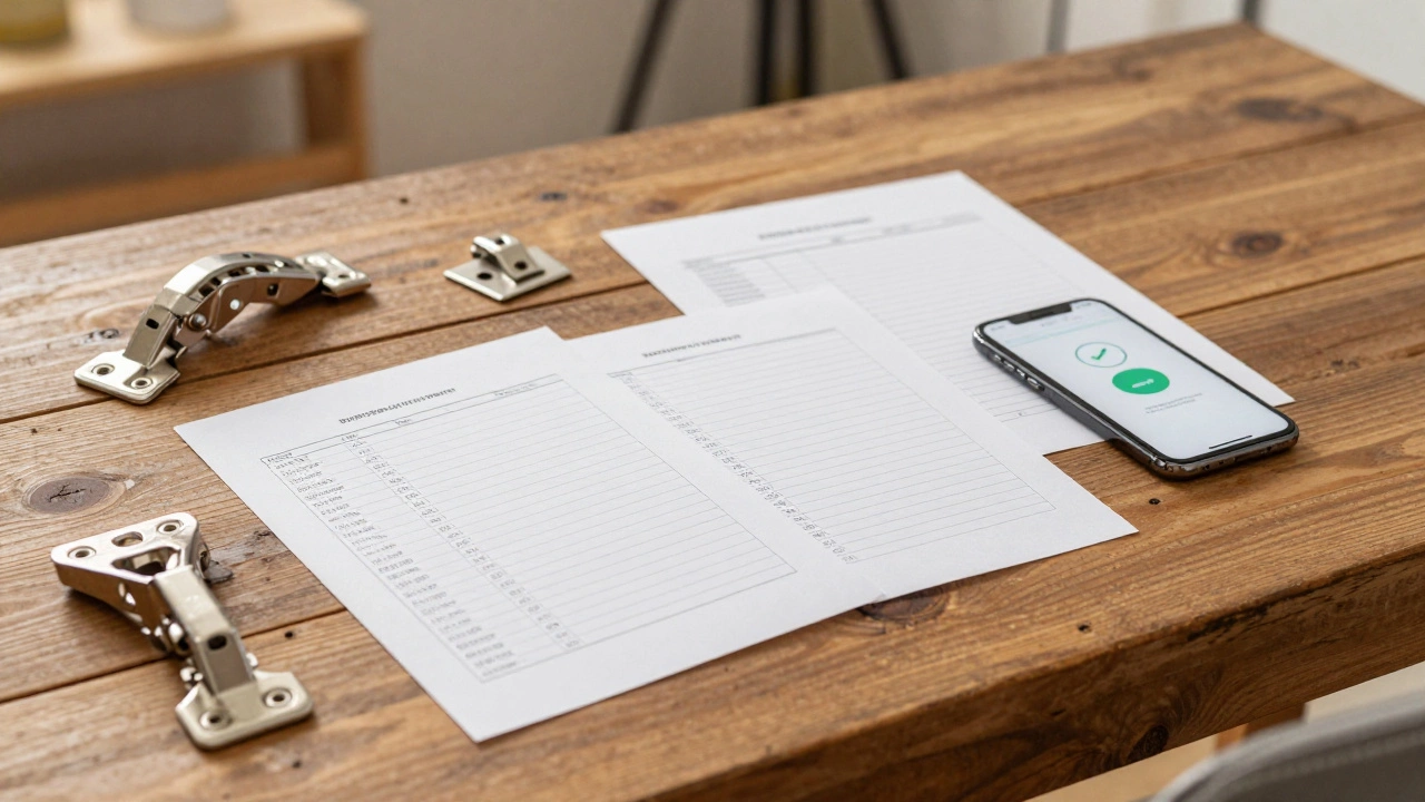 Printed shopping lists and hardware parts on a wooden desk