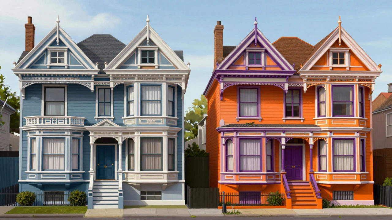 Side-by-side comparison of a stylish blue home versus a garish orange one, illustrating color impact.