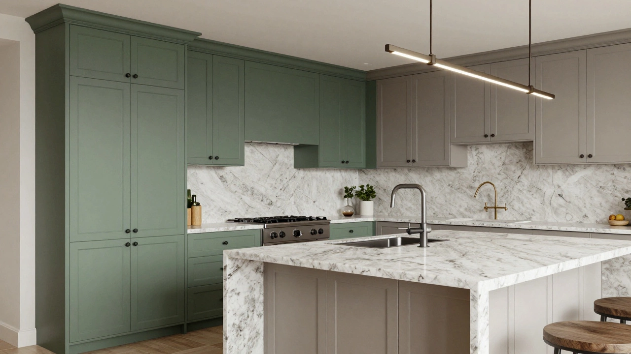 Sophisticated transitional kitchen with sage green cabinets and matte finishes