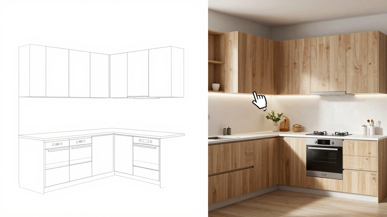 Split view of 3D kitchen planner interface and realistic render