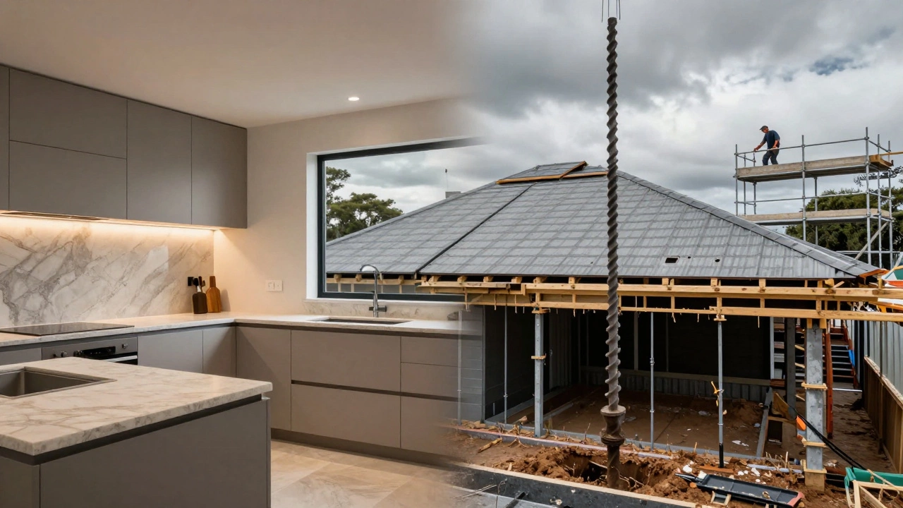 Split view of a modern kitchen interior and a roof under repair with foundations