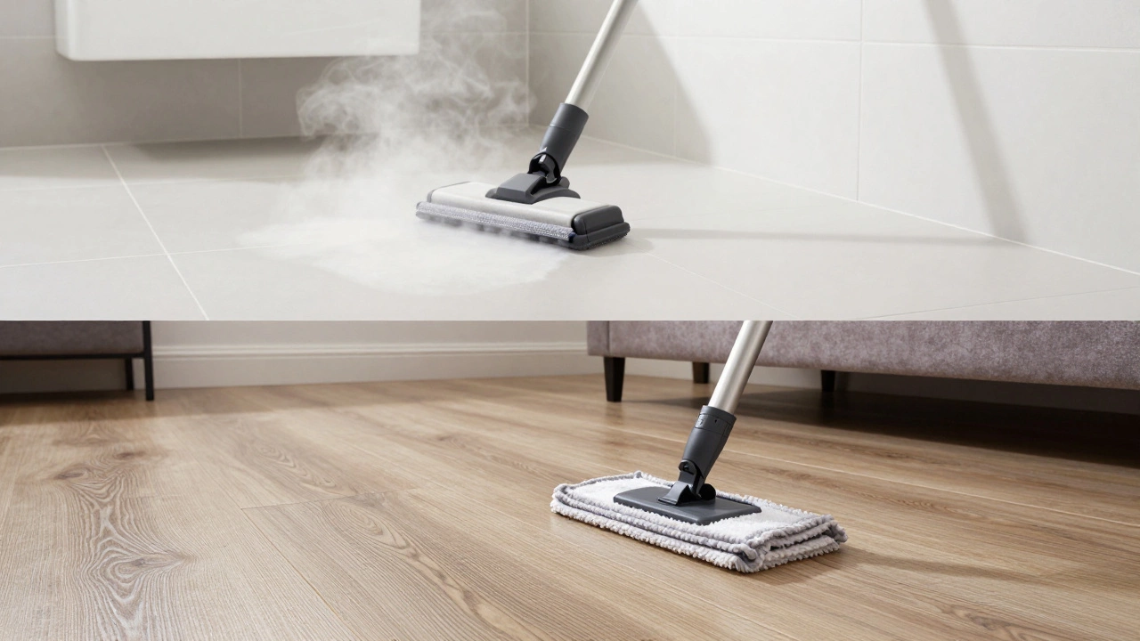 Split view showing steam cleaning vinyl safely versus cautious mopping of laminate