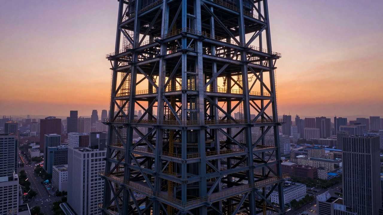 Steel skeleton of a skyscraper against a sunset sky