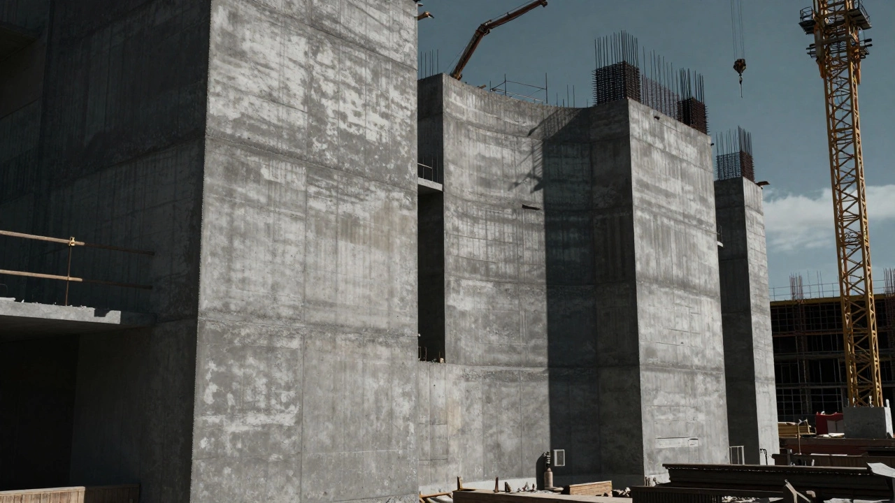 Towering reinforced concrete pillars at a construction site