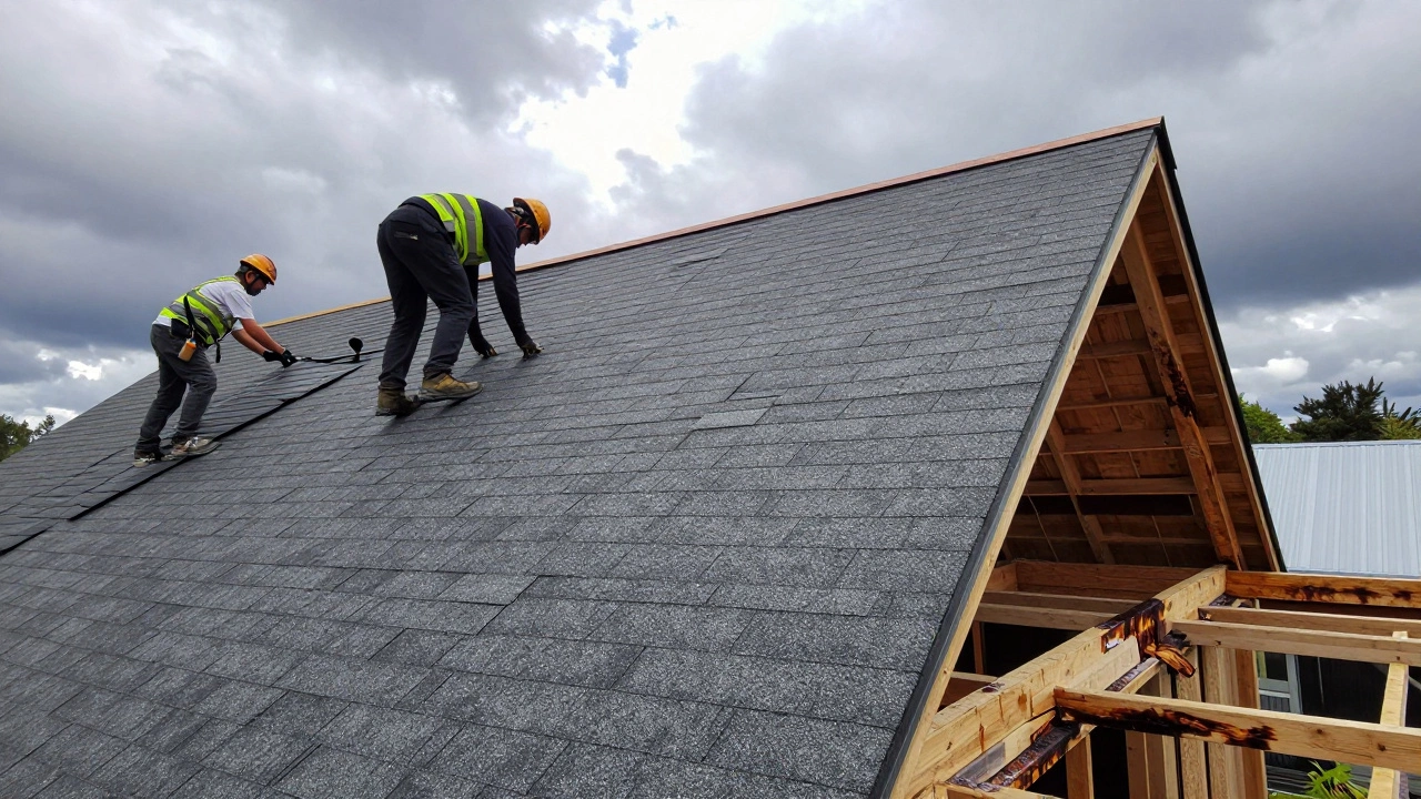 Workers replacing roof shingles exposing rotted wooden decking underneath