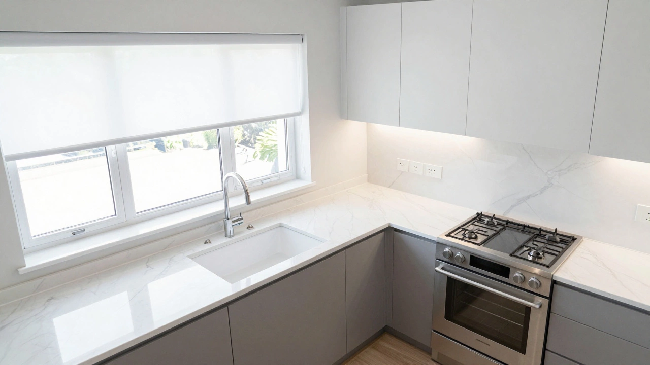 Bright kitchen with under-cabinet LEDs highlighting clean, spacious countertops