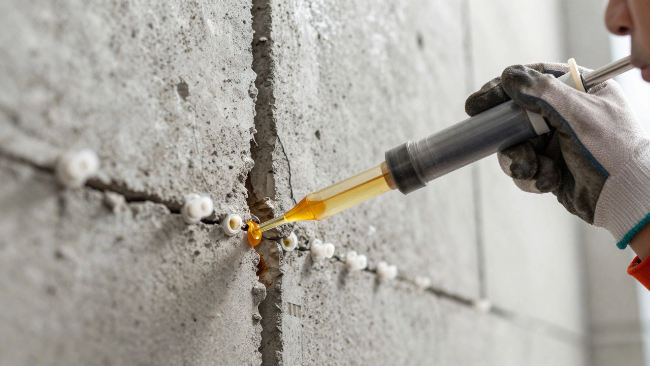 Close-up of epoxy resin being injected into a concrete foundation crack