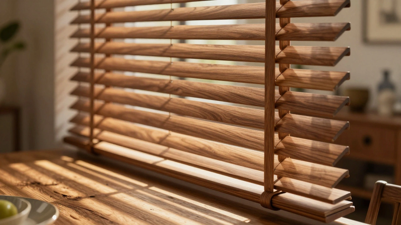 Close-up of warm walnut wood Venetian blinds filtering sunlight