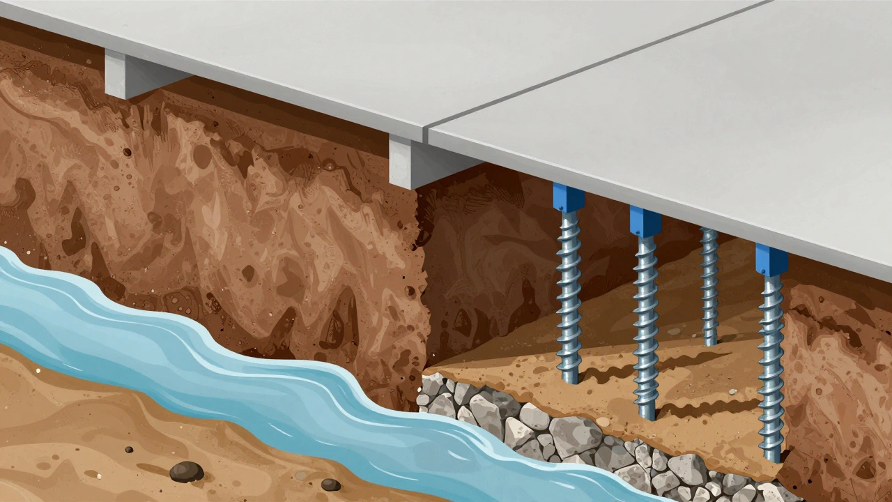 Diagram of soil movement and helical pier installation
