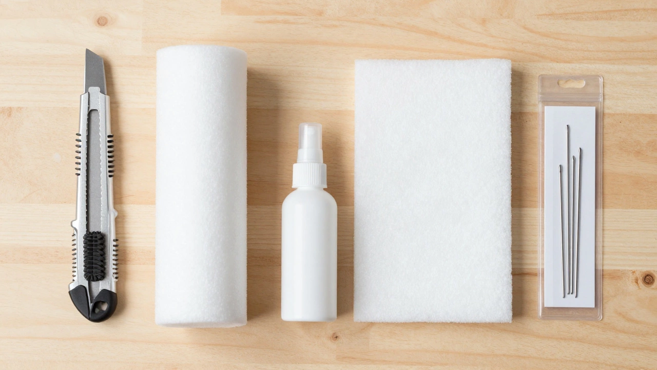 DIY tools and foam materials laid out on a table for repairing sofa cushions.