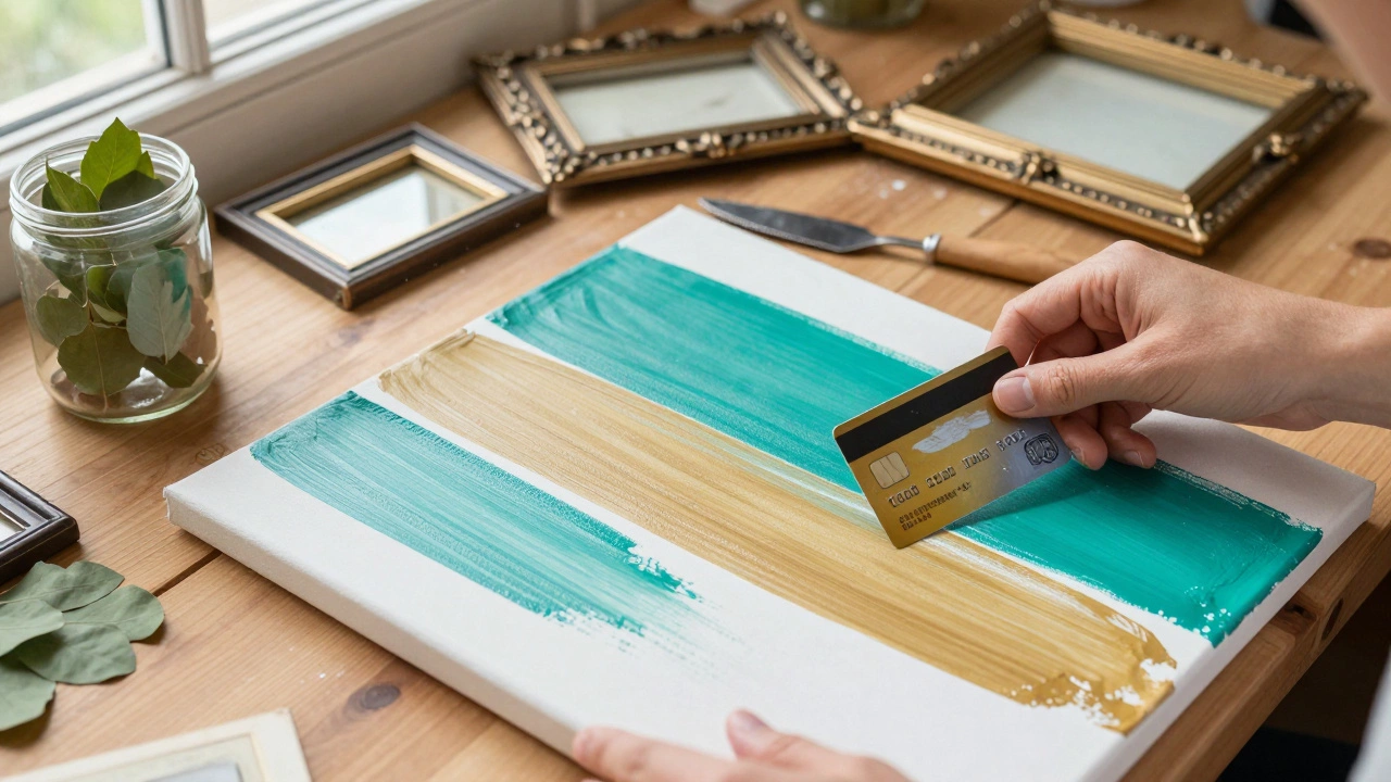Hands scraping paint on canvas with credit card for DIY wall art