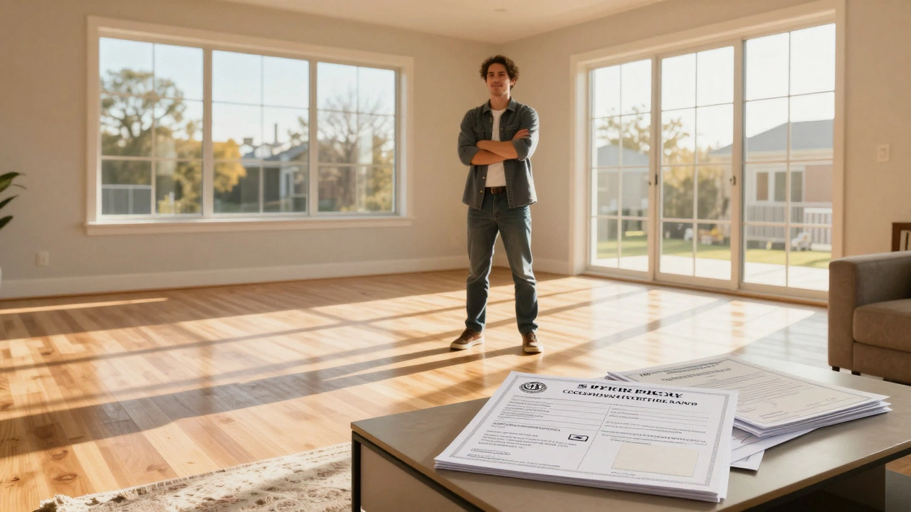 Homeowner in leveled living room with repair warranties on table