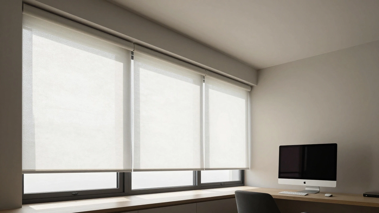 Honeycomb shades controlling glare in a modern home office