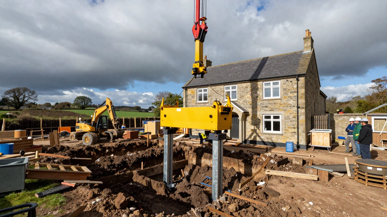 Hydraulic piers lifting a sunken house foundation during repair