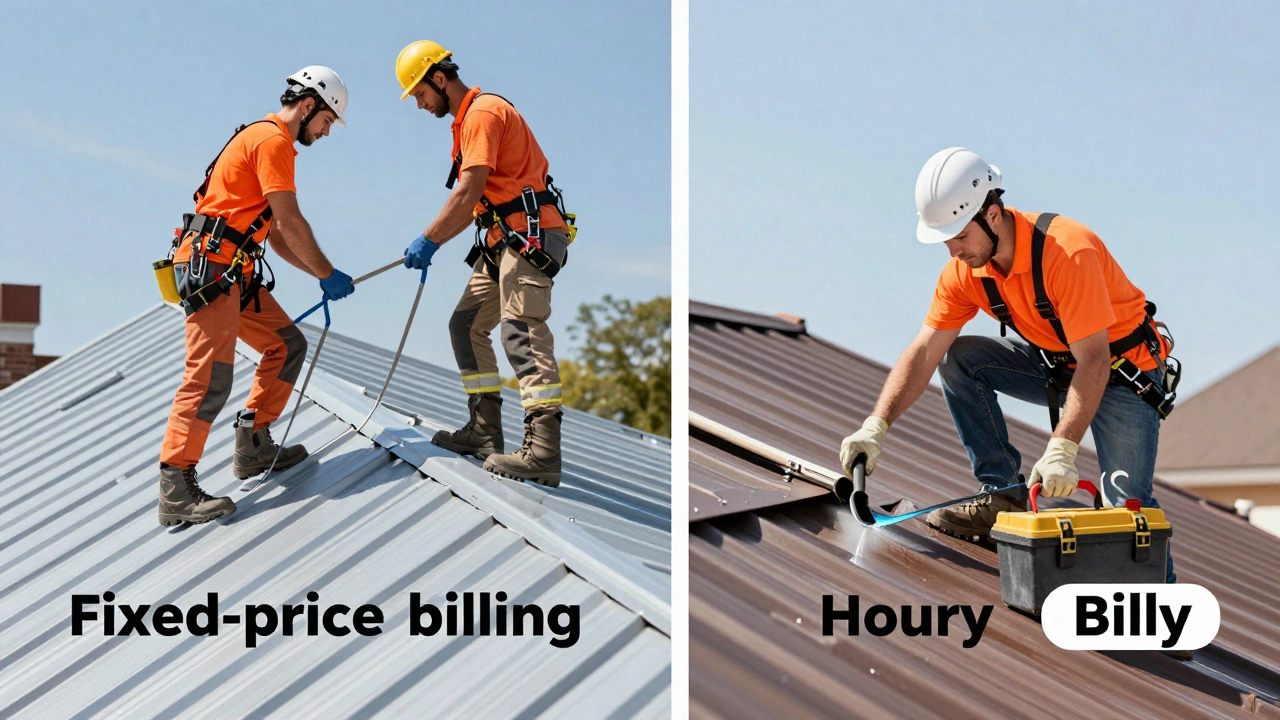 Illustration comparing efficient full roof installation versus minor hourly repair work by roofers