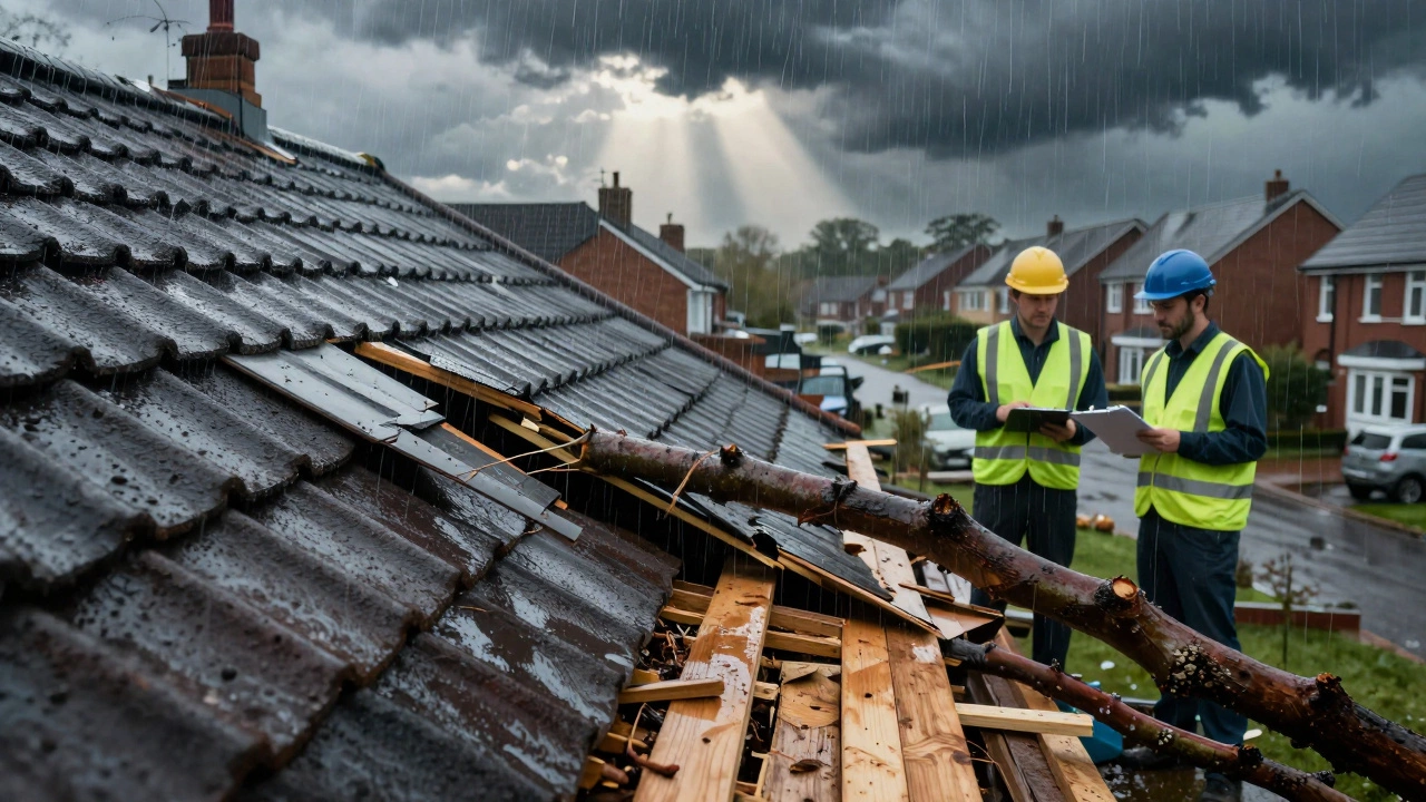 Insurance adjuster inspecting storm-damaged roof