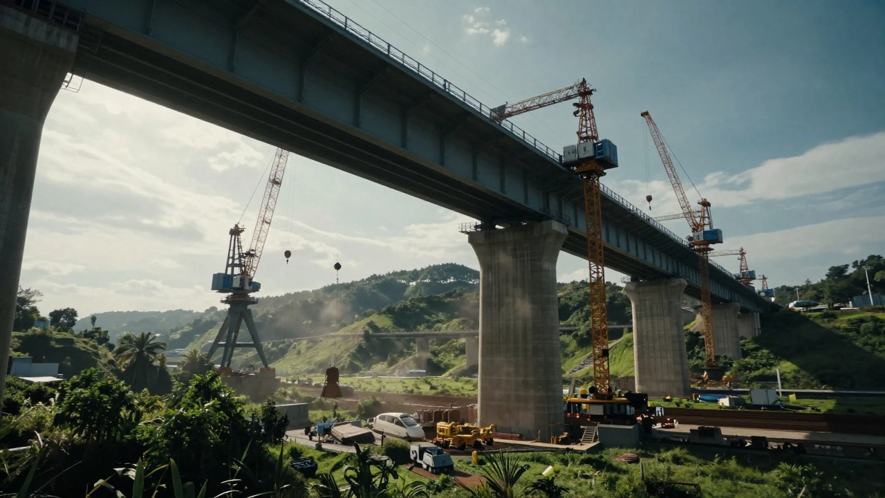 Massive high-speed rail bridge under construction in a green valley