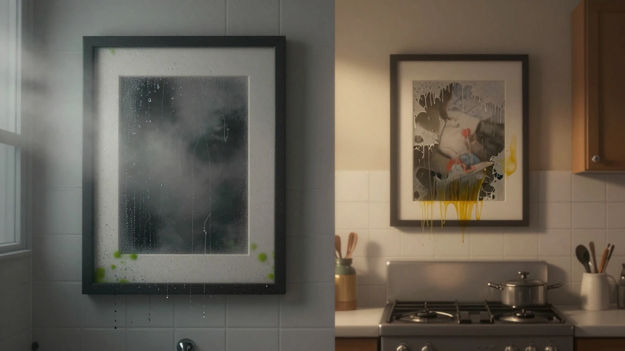 Moldy bathroom art and greasy kitchen picture frames