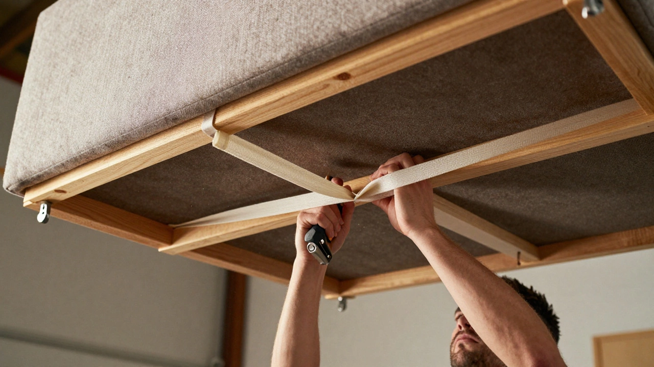 Person tightening elastic webbing on the underside of a sofa frame for support.