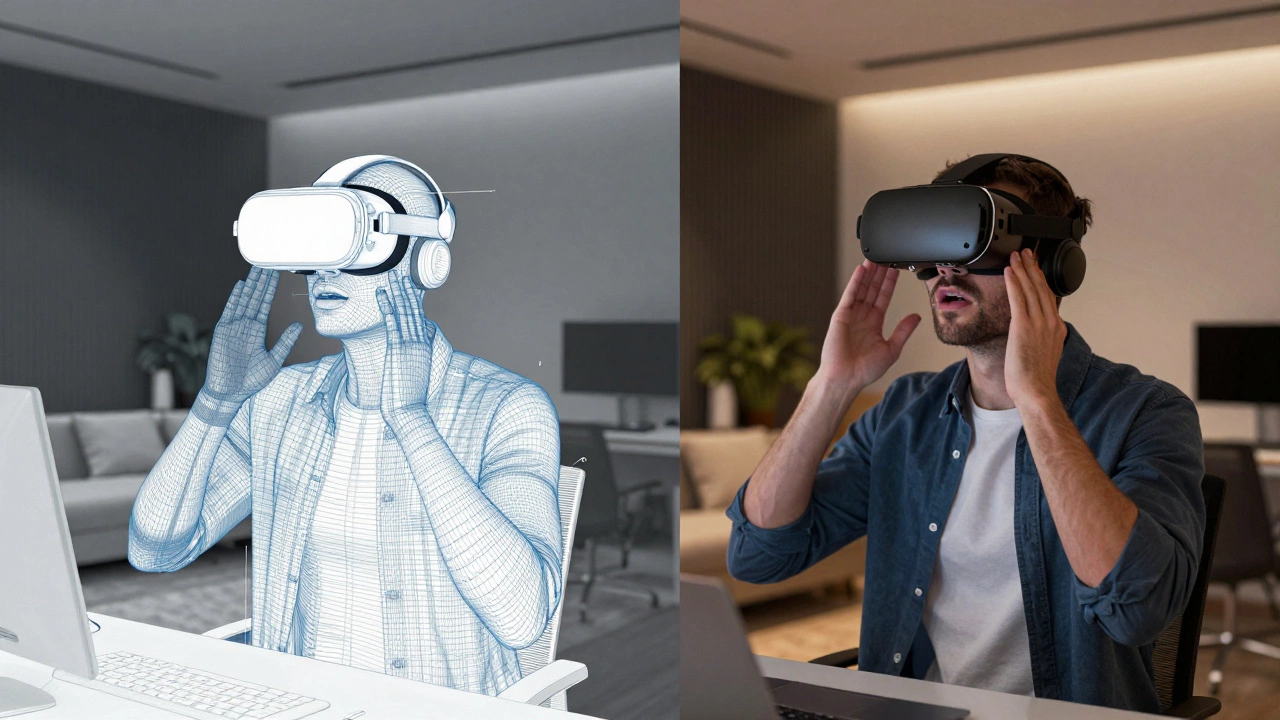 Split view of 3D rendering process and client using VR headset
