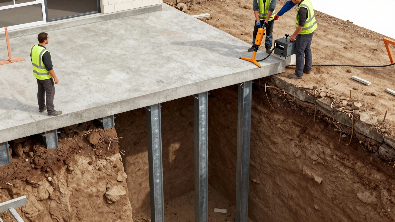 Steel push piers being installed under a house foundation for repair