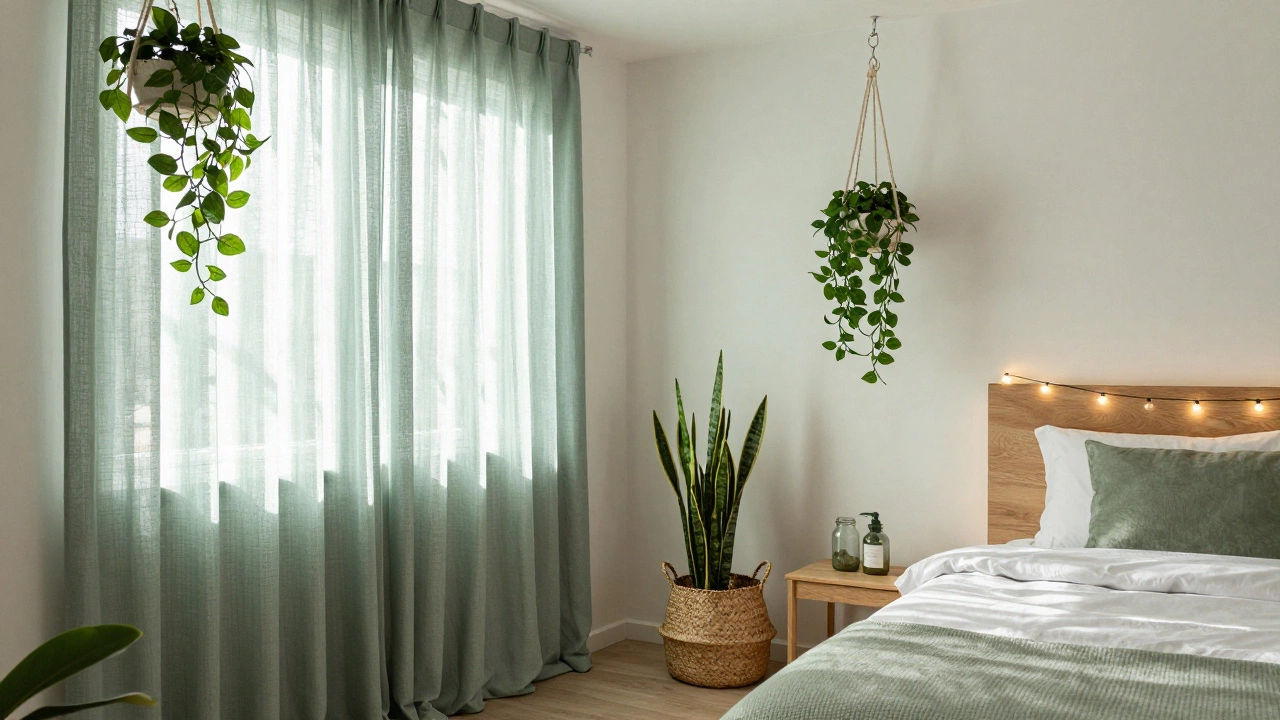 Sunlit bedroom with hanging plants, string lights, and woven baskets