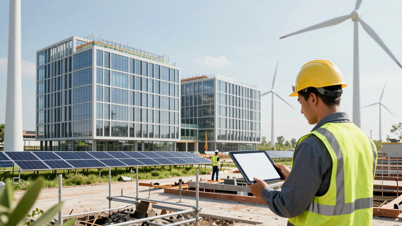 Sustainable building site with solar panels and green energy tech