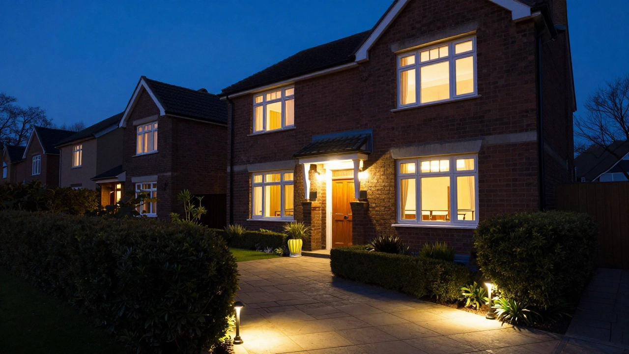 UK home exterior at dusk with warm pathway and porch lighting enhancing curb appeal