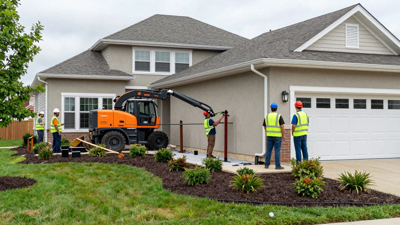 Workers installing foundation piers with proper drainage