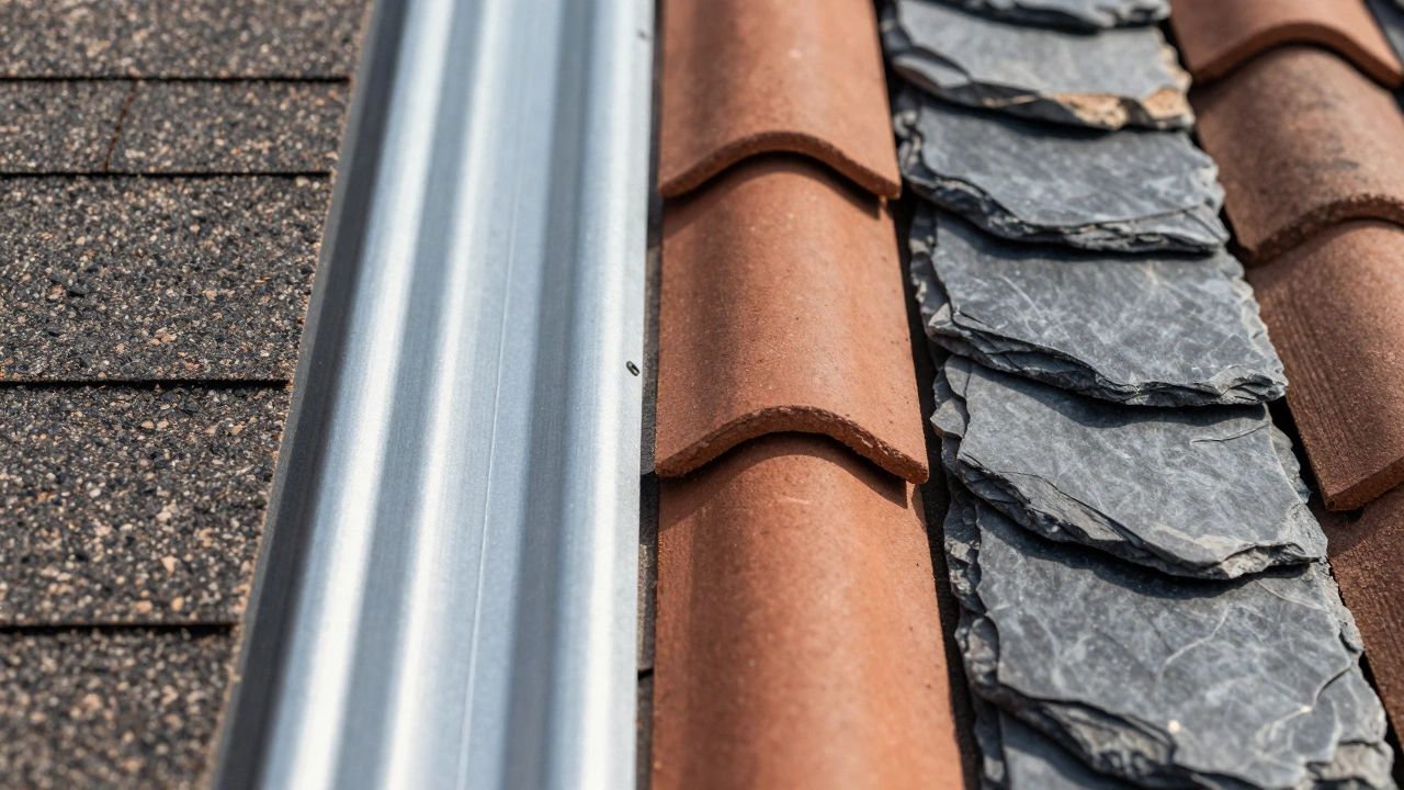 Close-up comparison of asphalt, metal, clay, and slate roofing materials