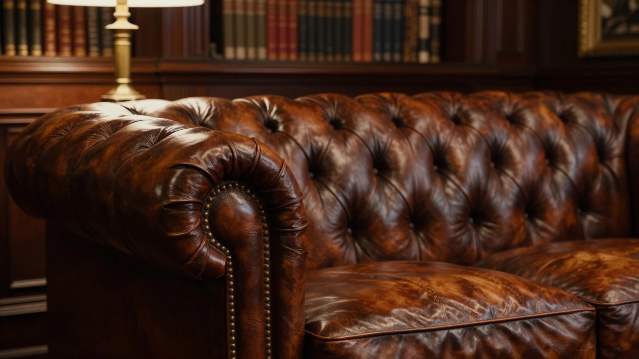 Close-up of a tufted cognac leather Chesterfield sofa in a library