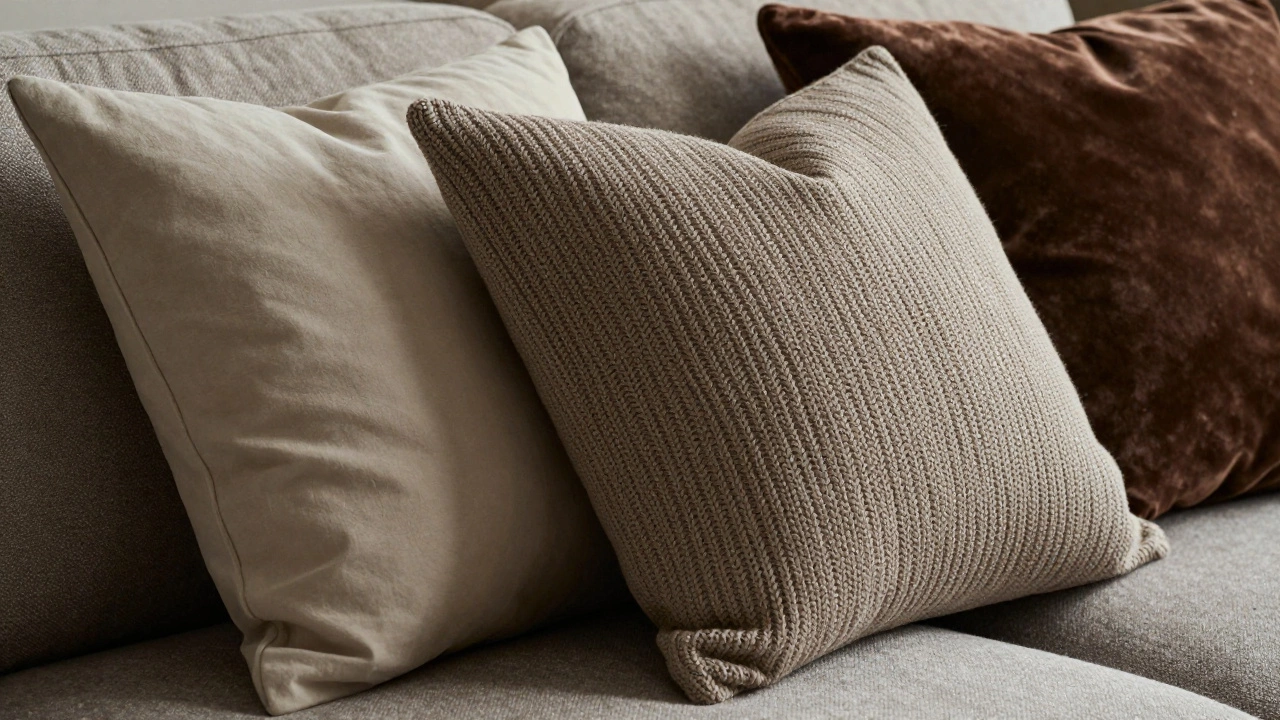 Close-up of mixed fabric textures including knit, cotton, and velvet on sofa cushions